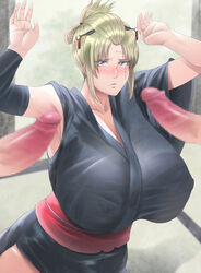 1girls 2boys armwear big_breasts blonde_hair blush censored clothing enormous_breasts erection facial_scar female female_focus gigantic_breasts gintama hair_ornament huge_breasts kimono male mosaic_censoring nervous obi ogura_anko penis purple_eyes scar surrounded_by_penises tied_hair tsukuyo