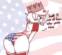 1girls 2021 4th_of_july american_flag anthro ass bent_over canada canada_(countryhumans) canada_(egobuzz) countryhumans countryhumans_girl crown dialogue female flag_underwear giidenuts looking_back maple_leaf mob_face national_personification panties pants_down personification presenting_hindquarters presenting_panties solo thick_thighs