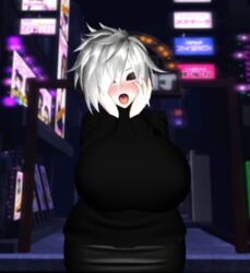 big_breasts black_lipstick closed_eyes clothed female_only huge_breasts human_only large_breasts lwd_cartoonz massive_breasts original_character pencil_skirt red_eyes second_life skirt sweater thick_hips tight_clothing tongue_out turtleneck turtleneck_sweater unknown_(lwd_cartoonz) white_hair