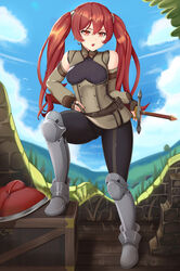 1girls angry castell detached_sleeves fingerless_gloves fire_emblem fire_emblem_awakening gloves long_hair medium_breasts nintendo open_mouth outside red_eyes red_hair severa_(fire_emblem) shield solo solo_female sword tsundere twintails