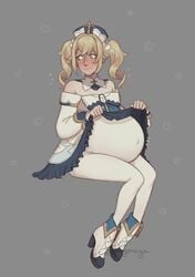 1girls barbara_(genshin_impact) blonde_hair blush female female_only genshin_impact high_heel_boots high_heels huge_belly nervous nun pagonaya pantyhose pregnant ready_to_pop skirt_lift white_boots