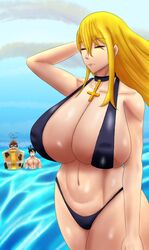 1girls 2boys beach beowulf_(skullgirls) big_band big_breasts bikini blonde_hair blue_sky breasts closed_eyes cloud curvaceous curvy day double_(skullgirls) female female_focus hips hourglass_figure inverted_cross light-skinned_female looking_at_another massive_breasts navel nun ocean outdoors skullgirls thick thighs voluptuous wading