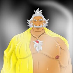 1boy 1male dark-skinned_male fat_man hairy hala_(pokemon) larger_male male_only moustache muscles old_man pokemon pokemon_sm sweat