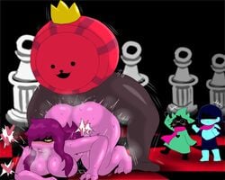 1girls 3boys alternate_ass_size alternate_breast_size anthro armor ass bandana barefoot big_ass black_fur blue_hair blue_skin blush breasts crown deltarune enigi09 glasses hair half-closed_eyes heart huge_ass huge_breasts humanoid king_round kris_(deltarune) large_ass large_breasts legs long_hair looking_pleasured male_domination mouth_open purple_hair purple_skin ralsei scarf sex size_difference straight susie_(deltarune) uncensored wave waving_hand yellow_eyes