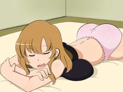 1girls aaa_(nisetsuru) ass bare_arms bare_legs bare_shoulders blonde_hair breast_press breasts character_request closed_eyes clothed clothed_female female female_only floor futon highres indoors large_breasts legs long_hair lying lying_on_belly midriff non-nude on_stomach open_mouth panties sleeping snoring solo tank_top thighs underwear