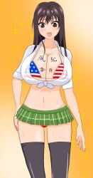 american_flag_bikini american_school bikini bikini_top black_hair body_writing bra_cups_sticking_out breasts cleavage front-tie_top hu_(artist) huge_breasts kotegawa_yui long_hair microskirt midriff miniskirt nipples_visible_through_clothing open_mouth school_uniform see-through skimpy_clothes skirt slutty_outfit surprised sweat swimsuit thighhighs thong tied_shirt to_love-ru yellow_eyes