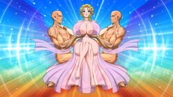 1girls 2boys akiranime animated aphrodite aphrodite_(shuumatsu_no_valkyrie) blonde_female blonde_hair blue_eyes breast_hold breast_support female female_focus finger_to_face flower_in_hair goddess greek_clothes greek_mythology hands_under_breasts high_resolution holding_breast holding_up_breasts huge_breasts male meme muscles muscular muscular_male parody pose servants_holding_aphrodite's_breasts_(meme) shuumatsu_no_valkyrie topless_male voluptuous wavy_hair