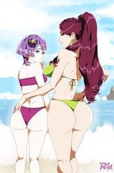 2girls ass bernadetta_von_varley big_ass bikini clothed_female earrings female/female female_only fire_emblem fire_emblem:_three_houses green_bikini green_swimsuit grey_eyes hand_on_hip higher_resolution_available large_ass lips long_hair looking_at_viewer looking_back medium_hair nintendo petra_macneary ponytail post-timeskip purple_bikini purple_hair purple_swimsuit r3dfive smile source_larger swimsuit thong thong_bikini violet_eyes violet_hair yuri