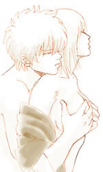 1boy 1girls breast_grab female gintama gintoki_sakata grabbing_from_behind groping groping_breasts groping_from_behind hair_down hugging_from_behind implied_sex kawauso male monochrome sketch straight tsukuyo upper_body