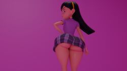 1girls 3d 3d_(artwork) ass big_ass big_butt blender disney female glitch02 looking_at_viewer pixar purple_background purple_eyes skirt smooth_skin the_incredibles upskirt violet_parr