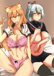 2girls big_breasts black_socks bow bow_bra bow_panties bra condom condom_in_mouth fate/extra fate/grand_order fate_(series) jikihatiman multiple_girls panties peace_sign pink_bra pink_panties school_uniform socks suzuka_gozen_(fate) tagme thigh_socks thighhighs tomoe_gozen_(fate) underwear