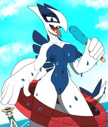 2girls anthro beach breasts clothing female female_only game_freak gardevoir humanoid looking_at_viewer lugia multiple_girls nintendo nipples nude nude_female nudity pokemon pokemon_(species) pokemon_gsc pool_party presenting pussy samrunner thick_thighs thighs video_games