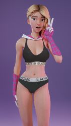 1girls 3d blacked blacked_clothing blender blonde_hair breasts female female_only fortnite gwen_stacy gwen_stacy_(spider-verse) human human_only light-skinned_female light_skin lingerie looking_at_viewer marvel marvel_comics mocharoos panties peace_sign purple_background solo spider-gwen spider-gwen_(fortnite) spider-man_(series) sports_bra x_redeyes