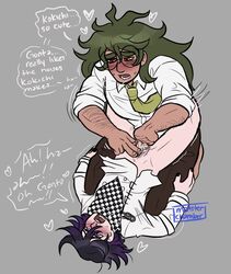 1boy 1cuntboy black_hair blush bottomless clothed clothed_sex clothing cuntboy danganronpa danganronpa_v3 dialogue english_text fingering fingering_partner fingering_pussy gokuhara_gonta green_hair intersex legs_wrapped_around_partner looking_at_partner looking_pleasured male monsterchamber on_back on_lap ouma_kokichi partially_clothed purple_hair rubbing rubbing_clitoris rubbing_pussy smooth_skin text two-tone_hair two_tone_hair upside-down vaginal_fingering wet_pussy