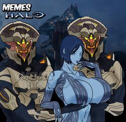 1girls 2boys 2d artificial_intelligence big_breasts blue_eyes blue_hair breast_hold breast_support cortana female female_focus finger_to_face halo_(series) hands_under_breasts holding_breast holding_up_breasts huge_breasts male meme muscles muscular muscular_male parody pose promethean servants_holding_aphrodite's_breasts_(meme) short_hair voluptuous warden_eternal