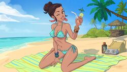 beach beach_blanket beach_towel bikini blue_bikini booty_farm cyan_bikini dark-skinned_female drink ginny_(booty_farm) light_blue_bikini looking_at_viewer nutaku ocean palm_trees sand sandy_beach solo_female solo_focus tan-skinned_female tender_troupe tropical_drink