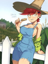 1girls against_fence bare_shoulders barleyshake black_eyes cartoon_network cleavage clothing day ear_piercing eyebrows_visible_through_hair eyelashes farm farmer farmgirl female foster's_home_for_imaginary_friends frankie_foster hairclip human jacket naked_overalls outdoors outside overalls piercing red_hair sideboob smile straw_hat wheat