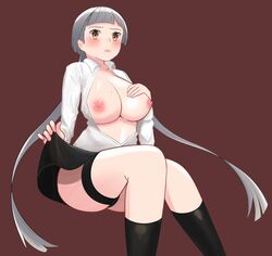 ass_visible_through_thighs big_breasts blush breasts breasts_out embarrassed honebami_miroslava kakegurui no_bra pale_skin sitting skirt_lift white_hair white_shirt