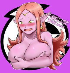 1girls 5_fingers alternate_breast_size bare_shoulders big_breasts blush blushing breast_expansion breasts chronoa cleavage covered_nipples covering_breasts dragon_ball dragon_ball_heroes embarrassed english_text expansion eyebrows eyelashes female female_only goddess growth hamilton4 huge_breasts humanoid large_breasts open_mouth pointy_ears potara_earrings shounen_jump solo solo_female super_dragon_ball_heroes supreme_kai supreme_kai_of_time sweat sweating talking text time_power_unleashed_form_(dragon_ball) tongue