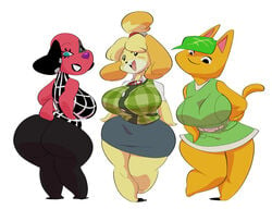 3girls animal_crossing anthro cherry_(animal_crossing) fur furry huge_breasts isabelle_(animal_crossing) looking_at_viewer multiple_girls nintendo pose simple_background slb tagme tangy_(animal_crossing) thick_thighs white_background