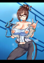 12cat choker clothed glasses mei_(overwatch) nipple_cutout nipples overwatch