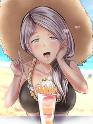 1girls alternate_costume bikini black_bikini black_swimsuit blue_eyes eating fire_emblem fire_emblem:_three_houses fire_emblem_heroes food grey_hair hair_over_shoulder ice_cream koro_(cookie) large_breasts long_hair mercedes_von_martritz mercedes_von_martritz_(summer) nintendo open_mouth open_smile side_ponytail smile solo solo_female spoon sun_hat swimsuit textless