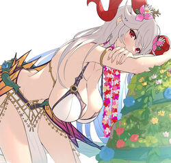 1girls alternate_costume ass bare_midriff bent_over bikini butt_crack cleavage colored_inner_hair fire_emblem fire_emblem_heroes flower freyja_(fire_emblem) freyja_(summer)_(fire_emblem) gonzarez grey_hair horns large_breasts long_hair looking_at_viewer multicolored_hair nail_polish navel nintendo orange_nails pelvic_curtain red_eyes smile solo solo_female swimsuit