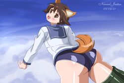 2021 animal_ears ass blush clothing dog_ears dog_tail female flying miyafuji_yoshika nanaeljustice panties short_hair strike_witches world_witches_series