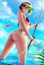 1girls ass bikini borderlands borderlands_3 brown_hair bubble_butt fishing_rod hat large_breasts moze_(borderlands) prywinko