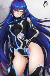 1girls 2021 adapted_costume atlus blue_hair blush blushing bodysuit breasts exposed eyelashes eyes female female_focus female_only genderswap genderswap_(mtf) hair inner_thighs japanese japanese_text light-skinned_female light_skin lips long_blue_hair long_eyelashes long_hair medium_breasts megami_tensei nahobino_(smt) nipples nipples_visible_through_clothing nukemichi1020 protagonist_(shin_megami_tensei_v) rule_63 shin_megami_tensei_v skin_tight skin_tight_suit skintight small_lips solo tagme text thick_thighs very_long_hair yellow_eyes