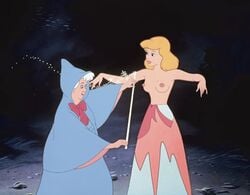 2girls adamantp breasts cinderella_(1950_film) cinderella_(disney) clothed_female_nude_female disney disney_princess edit fairy_godmother_(disney) female female_only functionally_nude magic multiple_girls nipples no_bra nude_filter old_woman older_female screenshot screenshot_edit staff topless younger_female