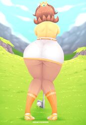 1girls ass bubble_butt female female_only golf_club knees_together_feet_apart mario_(series) mario_golf nintendo pantylines pigeon-toed princess_daisy riukykappa socks solo solo_female tan tan_skin thick_thighs thong wide_hips