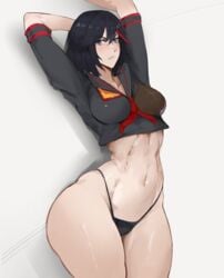 1girls 2021 abs arms_up ass bare_thighs belly_button black_panties black_shirt blue_eyes bottom_heavy bottomless bottomless_female breasts female female_focus female_only hands_behind_head hi_res highleg_panties highlights hips kill_la_kill kisou large_breasts light_blush matoi_ryuuko no_pants panties partially_clothed red_highlights sailor_uniform school_uniform schoolgirl senketsu shiny_skin short_hair short_sleeves simple_background string_panties thick_thighs thighs toned toned_female toned_stomach uniform_top white_background wide_hips