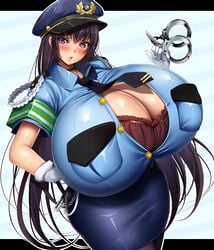 1girls big_breasts bimbo blush breasts breasts_bigger_than_head bursting_breasts buttons cleavage gigantic_breasts gloves handcuffs huge_breasts hyper_breasts immoral_advent_devilcarnival large_breasts light-skinned_female light_skin massive_breasts mikan_(5555) police police_hat police_uniform policewoman popped_button purple_eyes purple_hair solo solo_female tagme