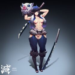 black_hair blue_eyes breasts breasts_out chaps demon_slayer female female_only full_body fur_collar fur_trim genderswap genderswap_(mtf) inosuke_hashibira kimetsu_no_yaiba long_hair looking_at_viewer mask_removed medium_breasts muscular muscular_female no_bra pussy rule_63 smirk solo standing sword toeless_legwear toned_female topless topless_female weapon wide_hips zeronis