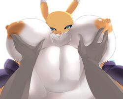 anthro bandai_namco big_breasts breasts canid canine digimon digimon_(species) female fur hand_on_breast hi_res lets0020 mammal nipples nude overweight overweight_anthro overweight_female renamon solo white_body white_fur wide_hips yellow_body yellow_fur