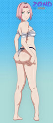 1girls artist_name ass ass_focus back_view bare_shoulders barefoot big_ass bikini breasts dat_ass feet female female_only forehead_protector from_behind full_body green_eyes hairband light-skinned_female light_skin long_hair looking_at_viewer looking_back midriff naruto naruto_(series) naruto_shippuden pale-skinned_female pale_skin pink_hair pinup red_hairband round_ass sakura_haruno shiny shiny_hair shiny_skin shoulder_length_hair sideboob smile solo solo_female solo_focus strap_slip striped_bikini swimsuit toes url watermark zond