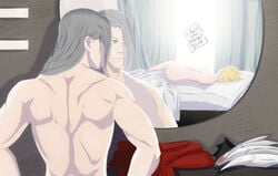 1boy 1boy1girl 1girls after_sex alternate_hairstyle ass_cheeks bare_ass bare_back bedroom blonde_hair completely_nude edgeshot female gray_hair kamihara_shinya male male/female mature_female mature_male mirror morning morning_after muscular muscular_male my_hero_academia note nude nude_female on_bed romantic ryuukyuu silver_hair sleeping straight suggestive tatsuma_ryuuko text