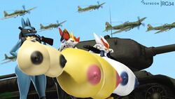 3d 3girls braixen breasts cinderace excessive_size female female_cinderace female_only female_pokemon gigantic_breasts huge_breasts hyper hyper_breasts lucario nintendo pokemon pokemon_(species) pokemon_ss rgtdwtbr source_filmmaker