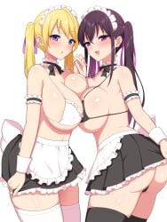 2girls aiki-chan_(haikome) aikome_(haikome) armband ass big_breasts bikini blonde_hair blush breast_press female female_only haikome holding_hands looking_at_viewer maid maid_headdress misa_(haikome) open_smile original original_character purple_eyes purple_hair skirt teenager twintails upskirt white_background