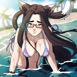 1girls all_fours beach bikini black_hair blurred_background bracelet breasts cat_ears cat_tail catgirl female female_only glasses green_eyes heart-shaped_pupils hi_res kinkymation long_hair looking_at_viewer mole mole_on_breast original paulina_(kinkymation) pearl_bracelet sea solo solo_female solo_focus voluptuous wet_skin