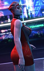 1girls 3d alien alien_girl asari bioware blue_body blue_skin clothed clothing depth_of_field dress dutch_angle fanart female female_only fishnet_dress fishnets latex_dress looking_at_viewer major_guardian mass_effect pinup red_dress reflective_clothing samara solo standing