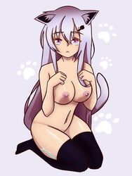 big_breasts catgirl neko_ears thighhighs white_hair