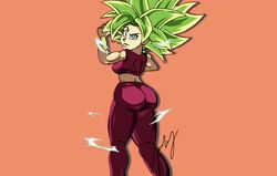 ass breasts clothed copyright dragon_ball dragon_ball_super female female_only green_eyes green_hair kefla looking_back louj8512