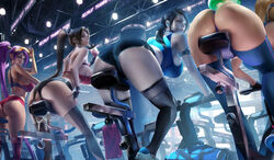 4girls ass bag big_breasts black_hair blonde_hair blue_eyes booty_shorts breasts bubble_butt dark-skinned_female dark_skin drink earrings exercise_bike fatal_fury female female_only fingerless_gloves grey_skin gym hoop_earrings king_of_fighters long_hair looking_at_viewer looking_back mai_shiranui metroid metroid_(creature) microphone mp3_player multiple_girls nintendo pink_nails pointy_ears ponytail purple_hair red_nails sakimichan samus_aran shantae shantae_(character) shoes smile smooth_skin snk sports_bra stockings sunglasses sweat text thick_thighs towel wii_fit wii_fit_trainer workout