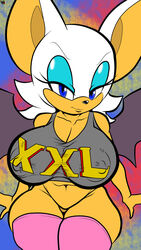 anthro areola bedroom_eyes big_breasts blue_eyes breasts chiropteran cleavage clothed clothing eyeshadow female hi_res huge_breasts lips looking_at_viewer makeup mammal narrowed_eyes nipple_outline nipples puffy_areola puffy_nipples rouge_the_bat seductive sega shortstack sitting solo sonic_(series) sonic_the_hedgehog_(series) thecon thick_thighs third-party_edit tight_clothing virtigogun wide_hips