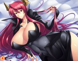 archenemy_and_hero big_breasts cleavage demon_girl dress female haganef highres horn huge_breasts laying_on_bed long_hair looking_at_viewer maou maoyuu_maou_yuusha monster_girl navel red_eyes red_hair smiling thick_thighs voluptuous wide_hips