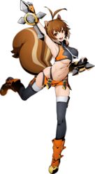 :3 :d ahoge animal_ears antenna_hair arm_up blazblue blazblue:_cross_tag_battle breasts brown_eyes brown_hair clenched_hands crop_top dual_wielding female full_body highleg highleg_panties higuchi_konomi holding large_breasts makoto_nanaya microskirt multicolored_hair navel official_art open_mouth orange_skirt panties revealing_clothes short_hair skirt smile solo squirrel_ears squirrel_girl squirrel_tail tail thighhighs tonfa transparent_background two-tone_hair underboob underwear weapon