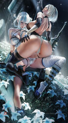 2girls ass big_ass female female_only kaine_(nier) multiple_girls nier nier:_automata nier_replicant panties sakimichan yorha_2b yuri