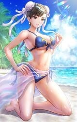 1girls beach bikini breasts brown_eyes brown_hair chun-li day earrings female female_only hair_ornament hand_on_hip medium_breasts on_knees outside parted_lips shiny_skin short_hair sky solo street_fighter wajuniorbox wet